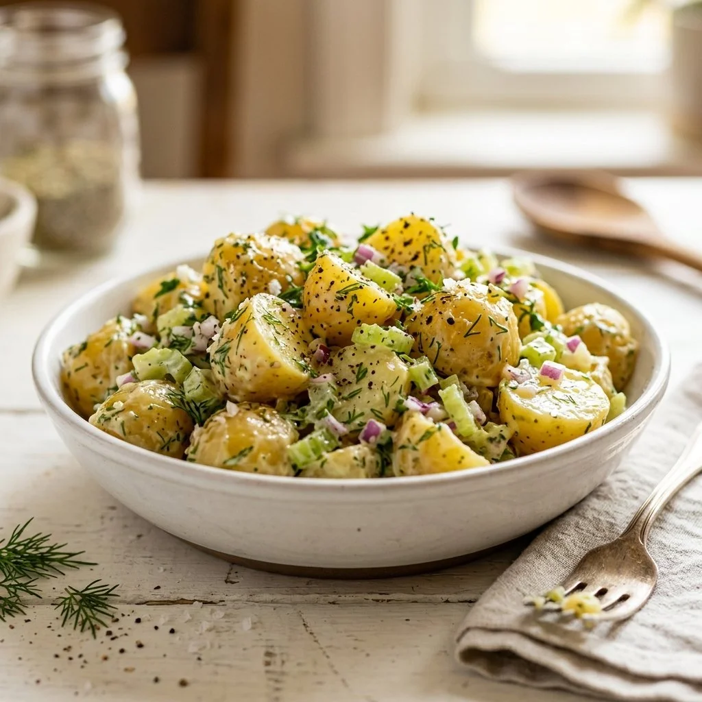 Classic potato salad served in a bowl with garnish
