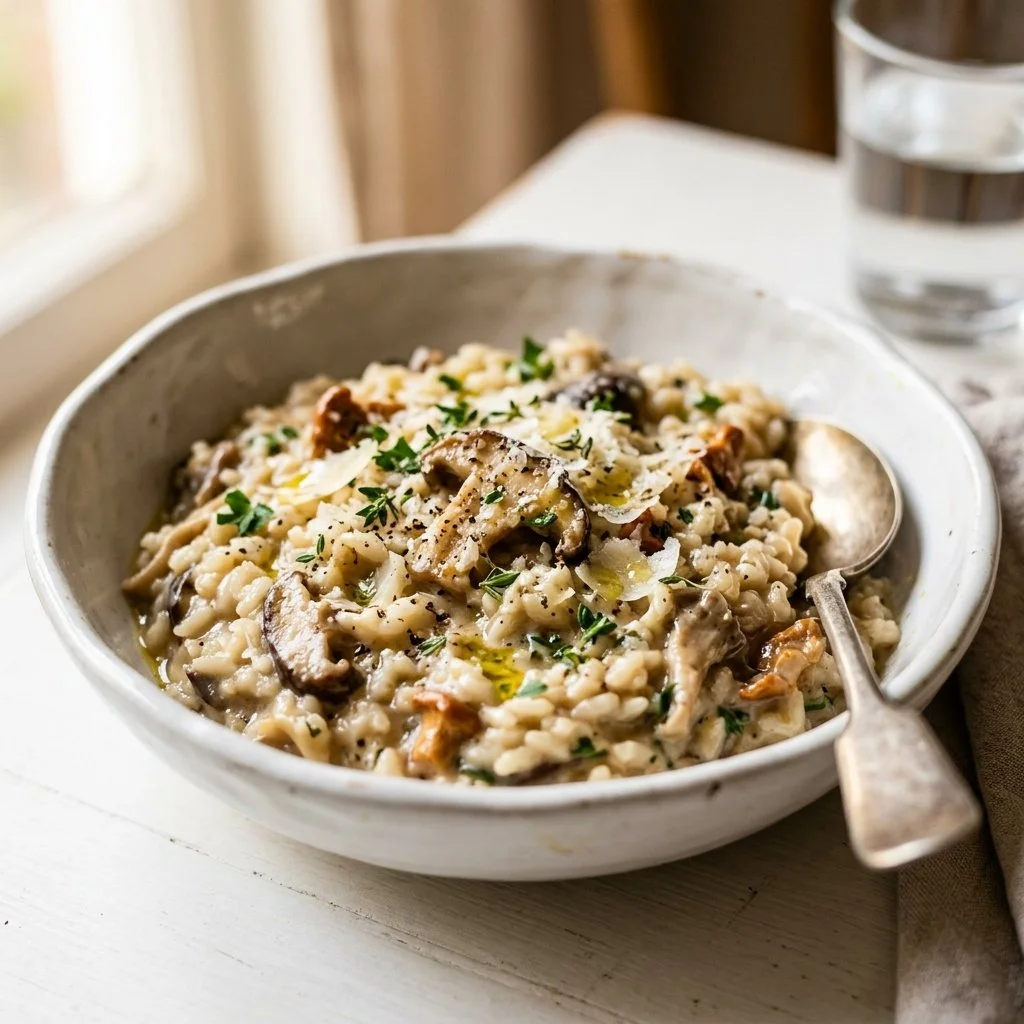 A plate of classic risotto garnished with herbs and served with a side of vegetables.