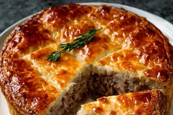 Classic tourtière, a French-Canadian meat pie served with festive garnishes.