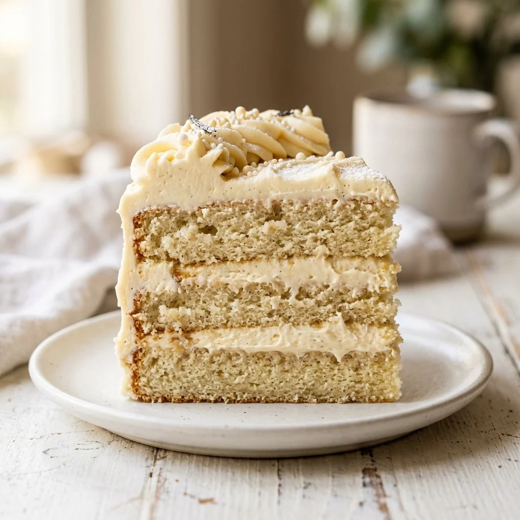 A beautifully decorated classic vanilla cake with frosting and sprinkles