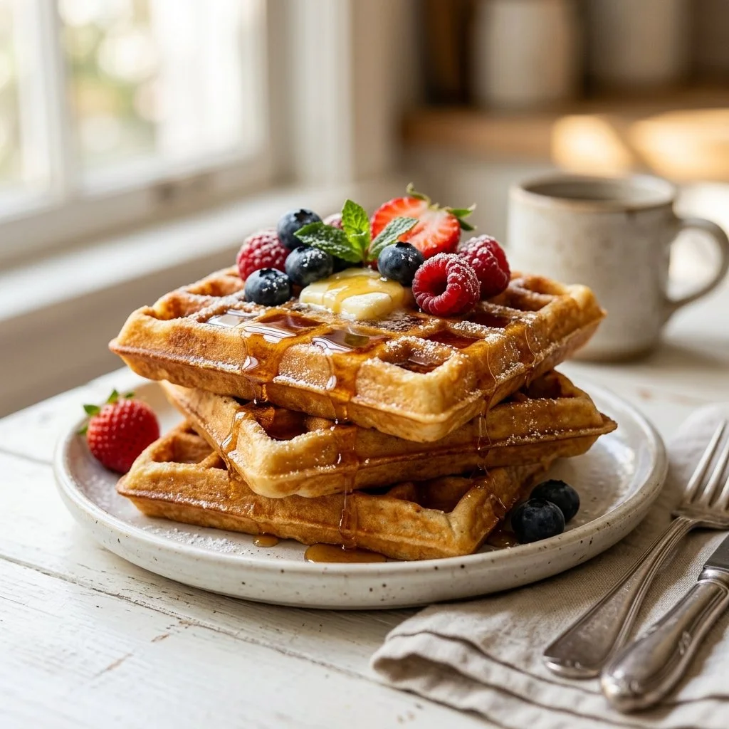Freshly made classic waffles served with syrup and berries