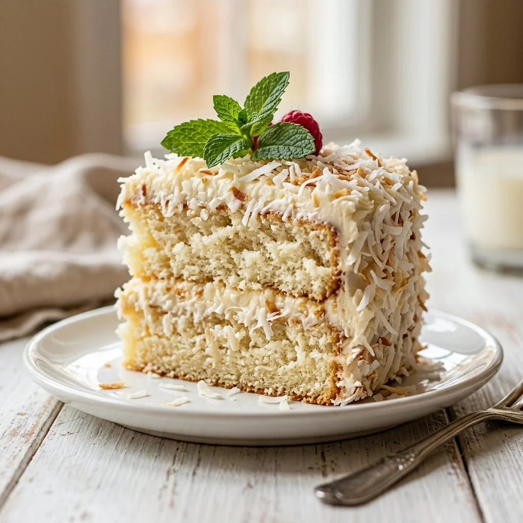 Slice of moist and fluffy coconut cake with coconut flakes on top