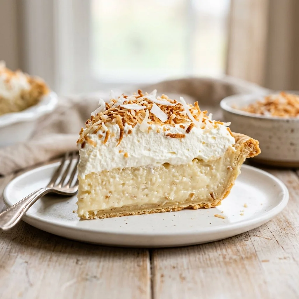 Delicious slice of Coconut Cream Pie garnished with whipped cream and toasted coconut flakes.