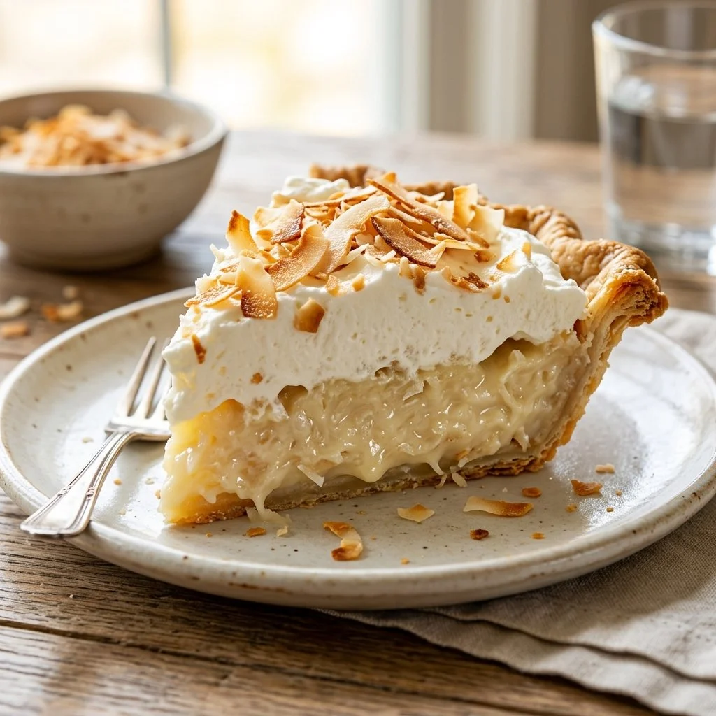 Delicious Coconut Cream Pie topped with whipped cream and coconut flakes