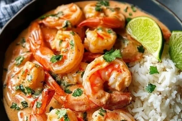 Creamy coconut garlic shrimp served in a bowl with herbs and spices