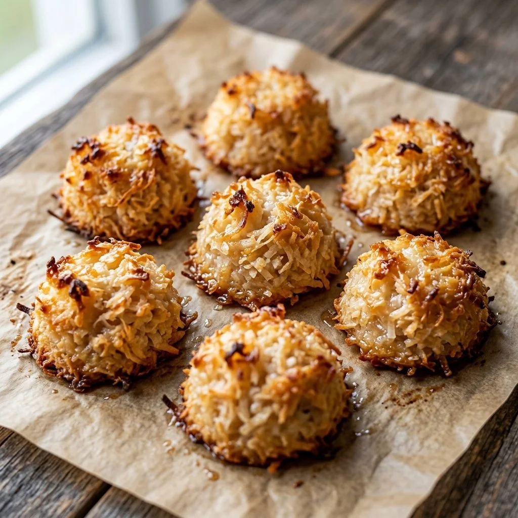 Freshly baked coconut macaroons on a wooden plate