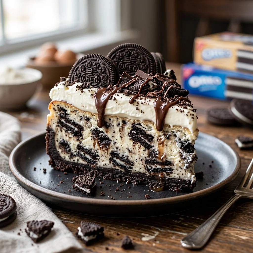 Delicious slice of Cookies and Cream Cheesecake with cookie crumbles on top