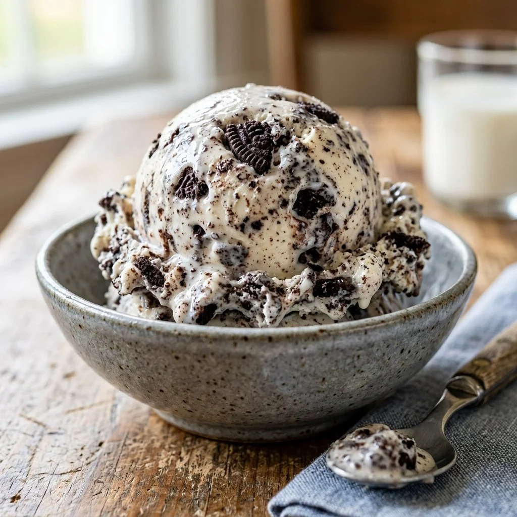 Delicious cookies and cream ice cream with cookie chunks