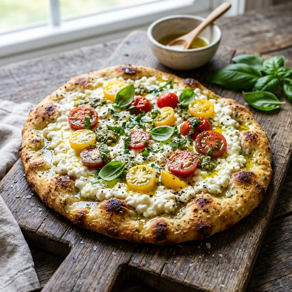 Delicious homemade Cottage Cheese Flatbread served with toppings.