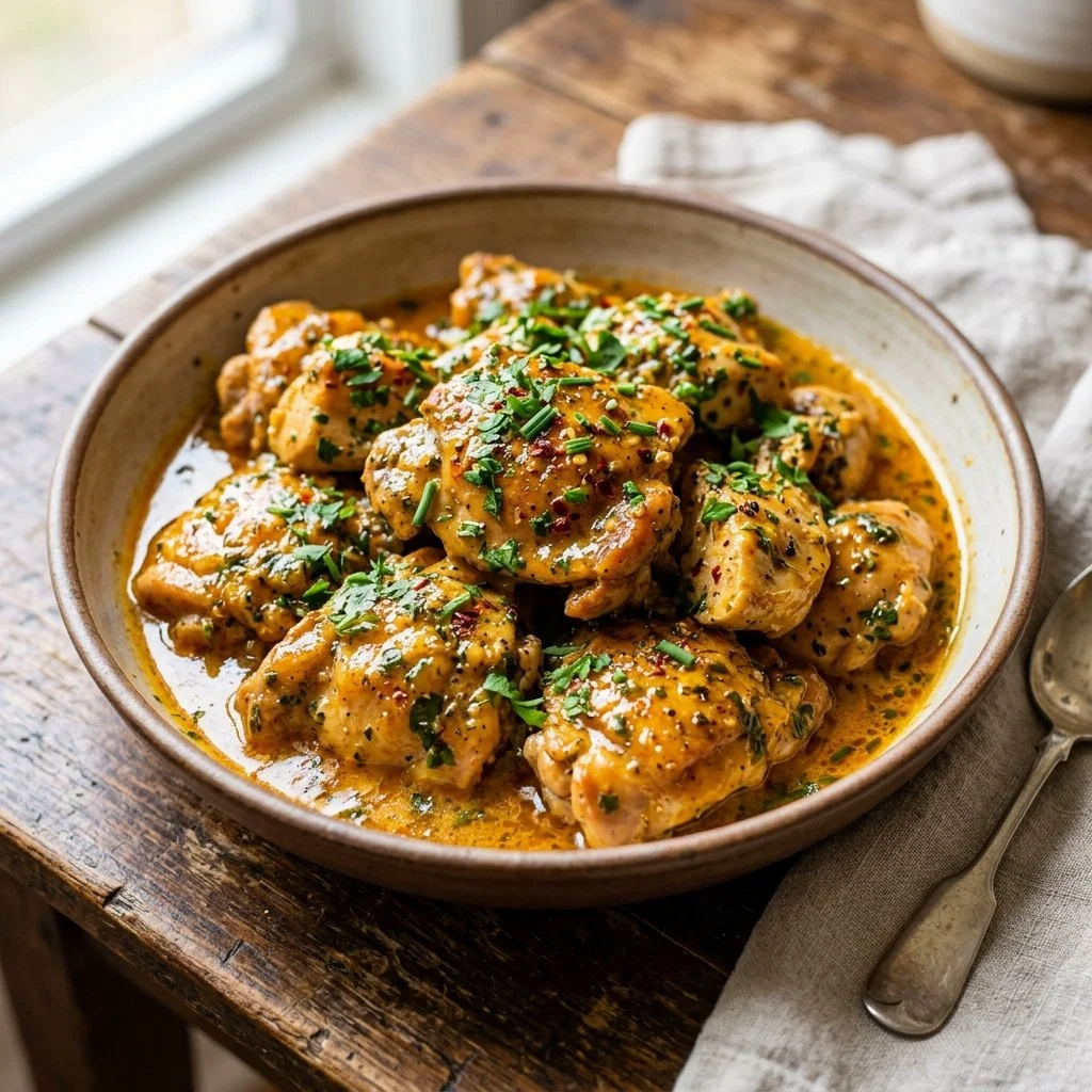 Bowl of Cowboy Butter Chicken with herbs and spices