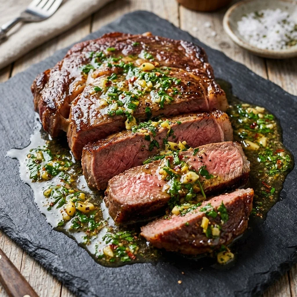 Delicious Cowboy Butter Steak served on a grill with melted butter and herbs