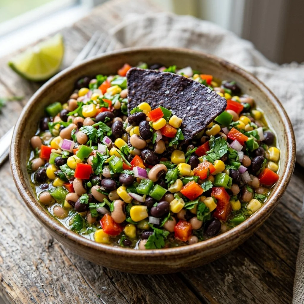 Bowl of colorful cowboy caviar salad with beans and vegetables
