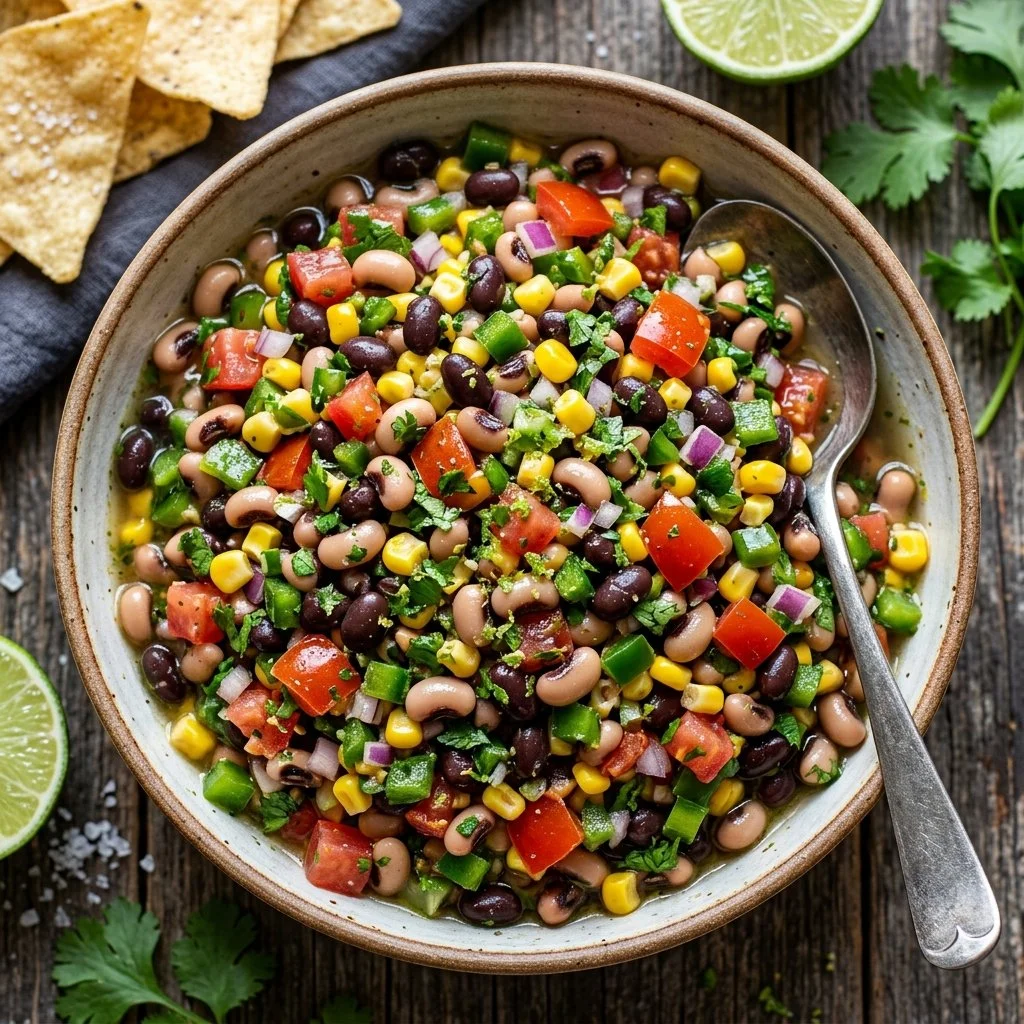 Bowl of Cowboy Caviar with colorful beans, corn, and peppers for a fresh salad.