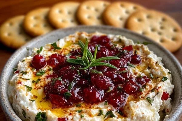 Cranberry Whipped Feta Dip served with crackers on a wooden platter