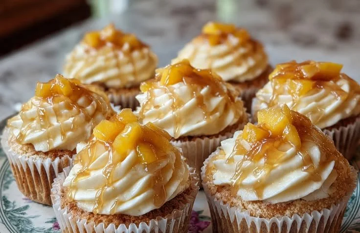 Delicious cream cheese cupcakes topped with honey peach slices