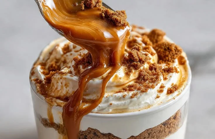 Creamy Biscoff layered dessert with cookie crumbles and whipped cream