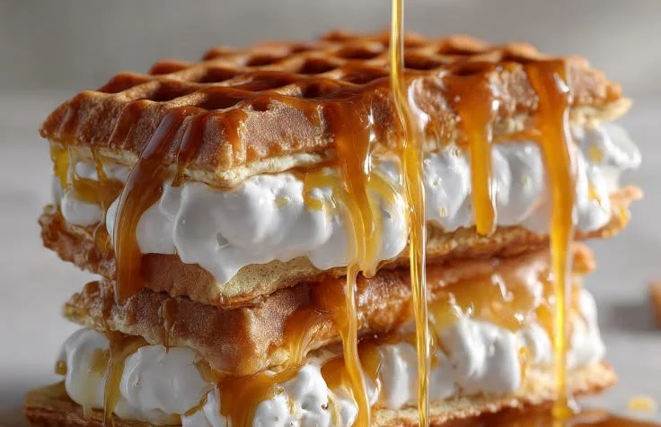 Delicious creamy caramel waffles topped with syrup and whipped cream