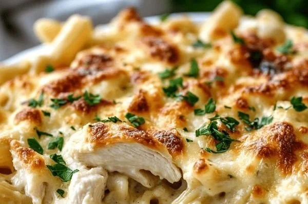 Creamy Chicken Alfredo pasta bake topped with cheese and herbs