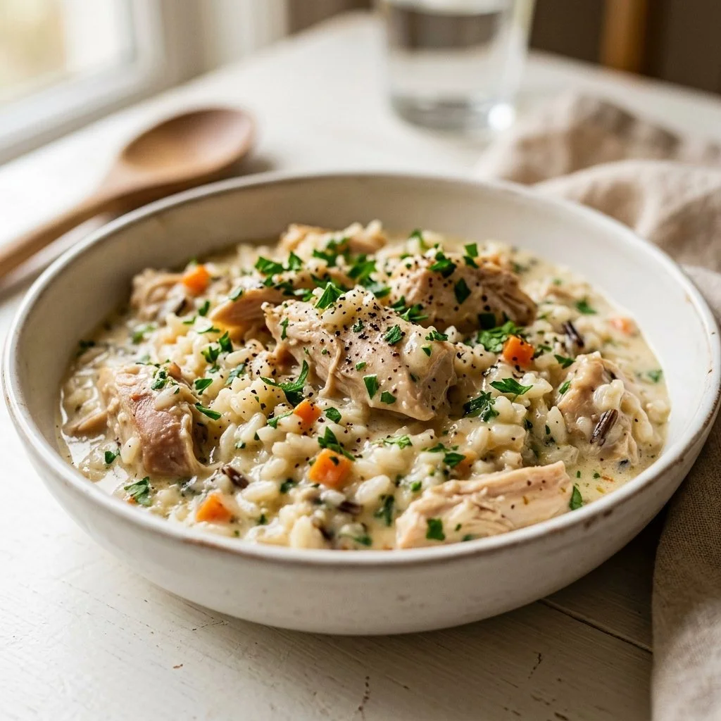 Delicious creamy chicken and rice served in a bowl, garnished with herbs