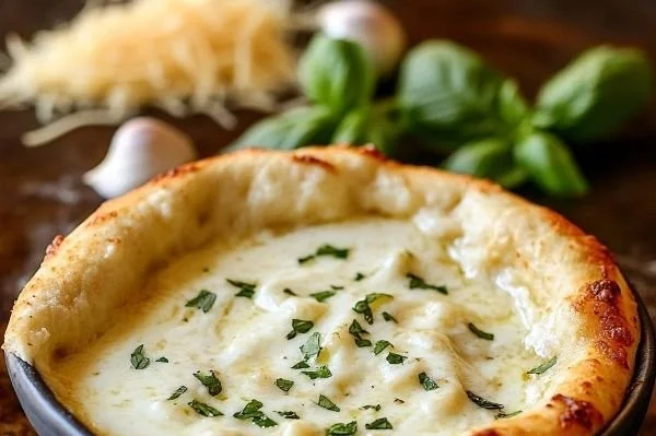 Creamy garlic-infused white pizza sauce in a bowl