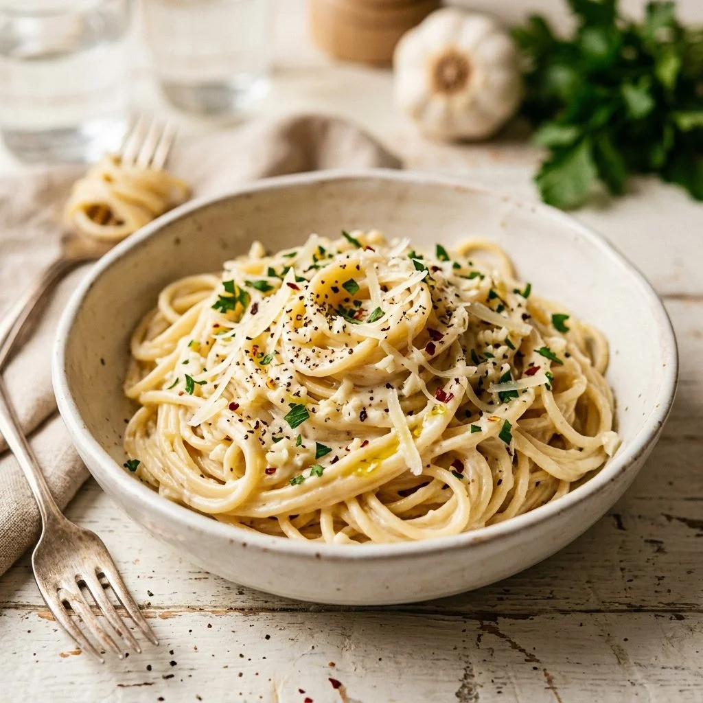Delicious creamy garlic pasta served in a bowl with herbs and parmesan cheese.