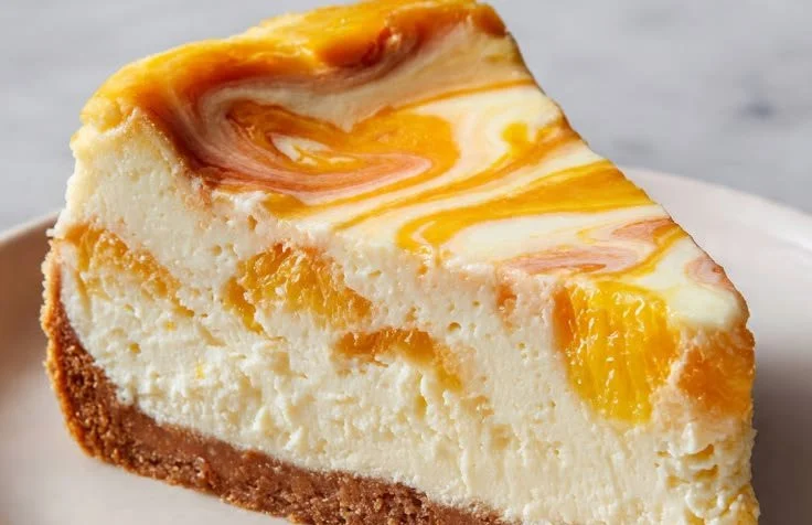 Creamy no-bake cheesecake topped with orange and pineapple slices