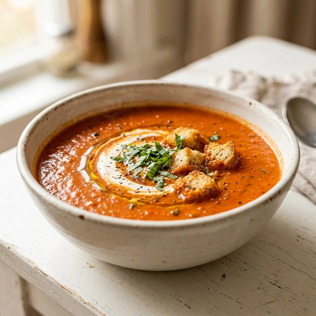 Bowl of creamy tomato soup garnished with fresh basil