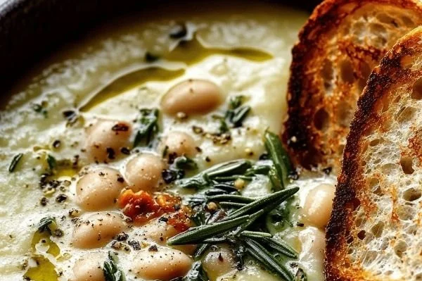 Bowl of creamy Tuscan White Bean Soup garnished with herbs and bread
