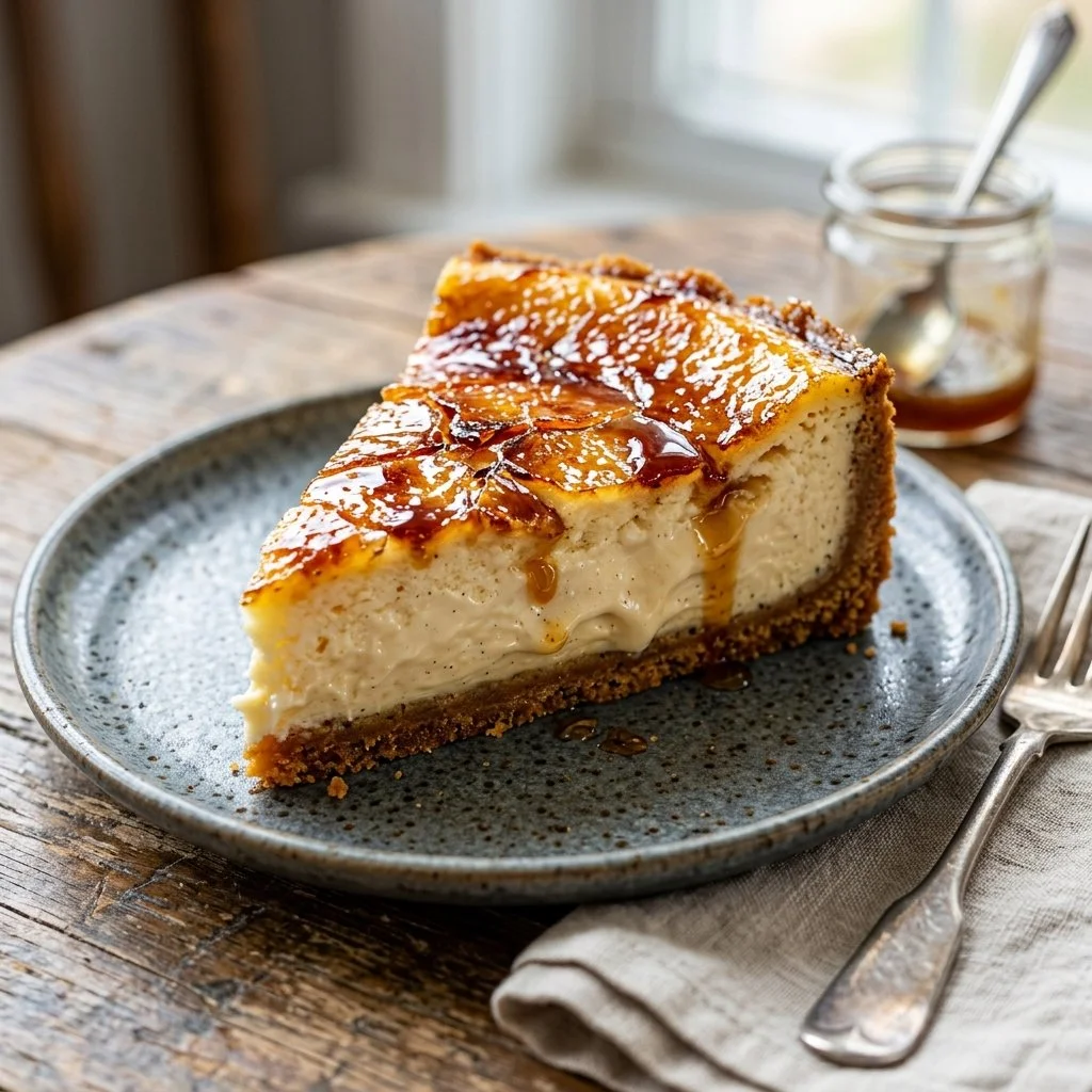 Delicious crème brûlée cheesecake topped with caramelized sugar crust.