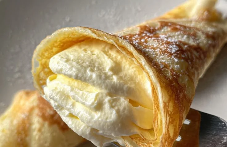 Delicious crepes with lemon cream filling on a plate.