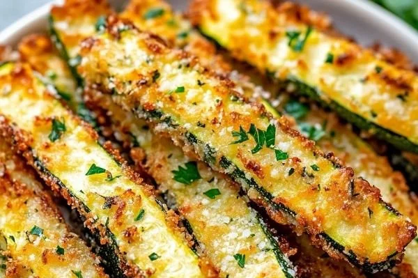 Crispy cheesy low-carb zucchini fries served with dipping sauce