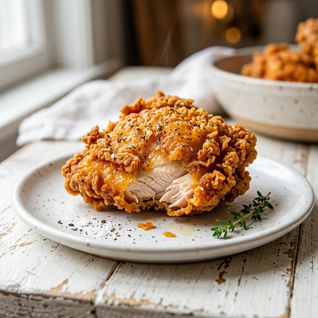 Crispy fried chicken served on a plate with herbs and spices for flavor