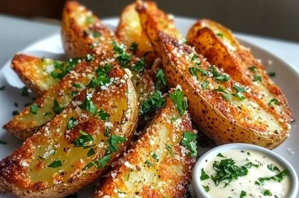 Crispy garlic parmesan potato wedges topped with herbs and spices
