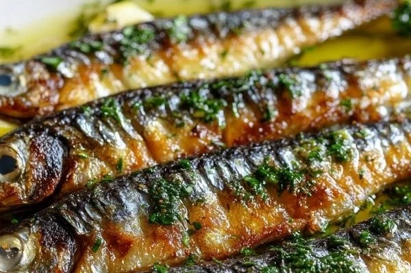 Crispy pan-fried sardines served with lemon butter sauce