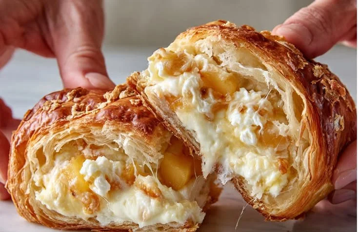 Flaky croissant rolls filled with creamy peach filling on a white plate.
