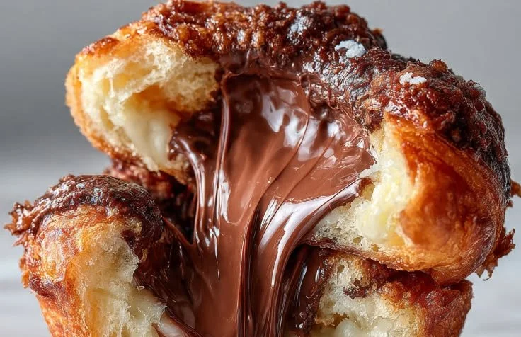 Delicious croissant-style muffins filled with chocolate on a wooden table