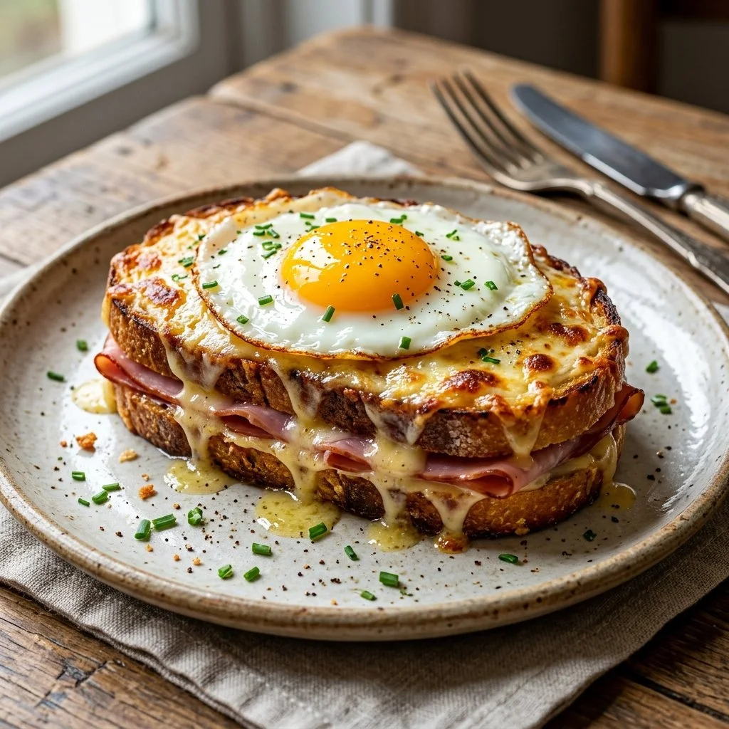 Croque Madame sandwich with béchamel sauce and fried egg on top