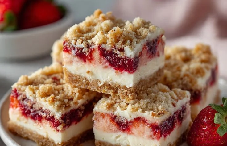 Crunchy strawberry cheesecake bars on a plate garnished with fresh strawberries.