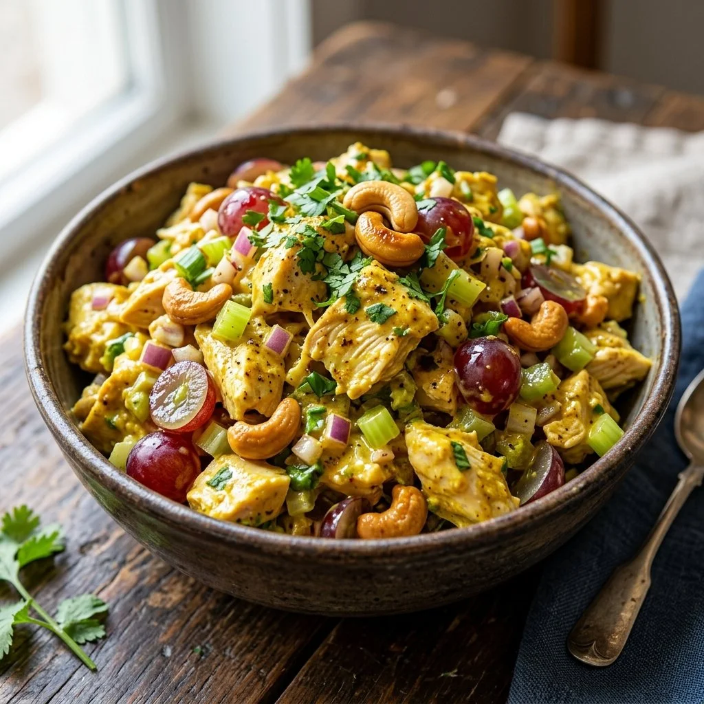 Delicious Curry Chicken Salad served in a bowl with fresh ingredients.