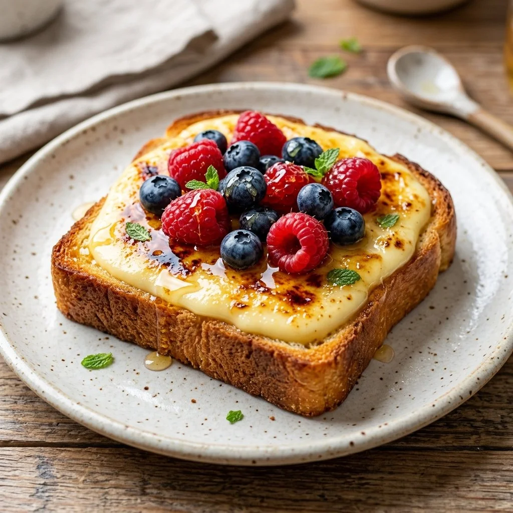 Delicious Custard Yogurt Toast topped with fresh fruits and nuts.