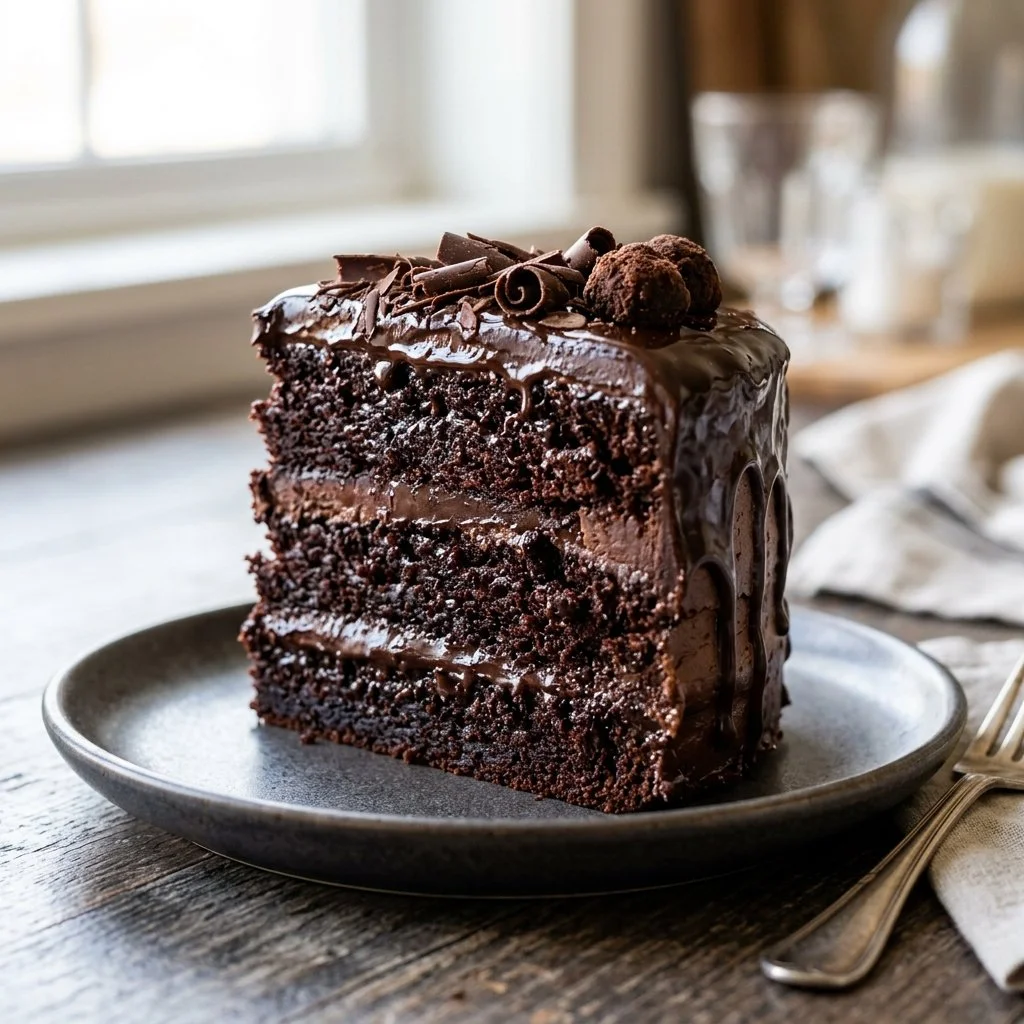 Rich and decadent Death by Chocolate Cake made with layers of chocolate goodness
