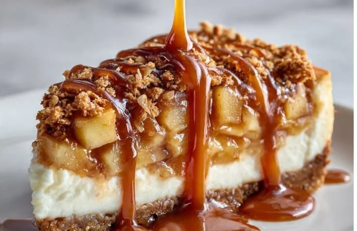 Delicious apple crisp cheesecake topped with crumbly oat topping and caramel drizzle
