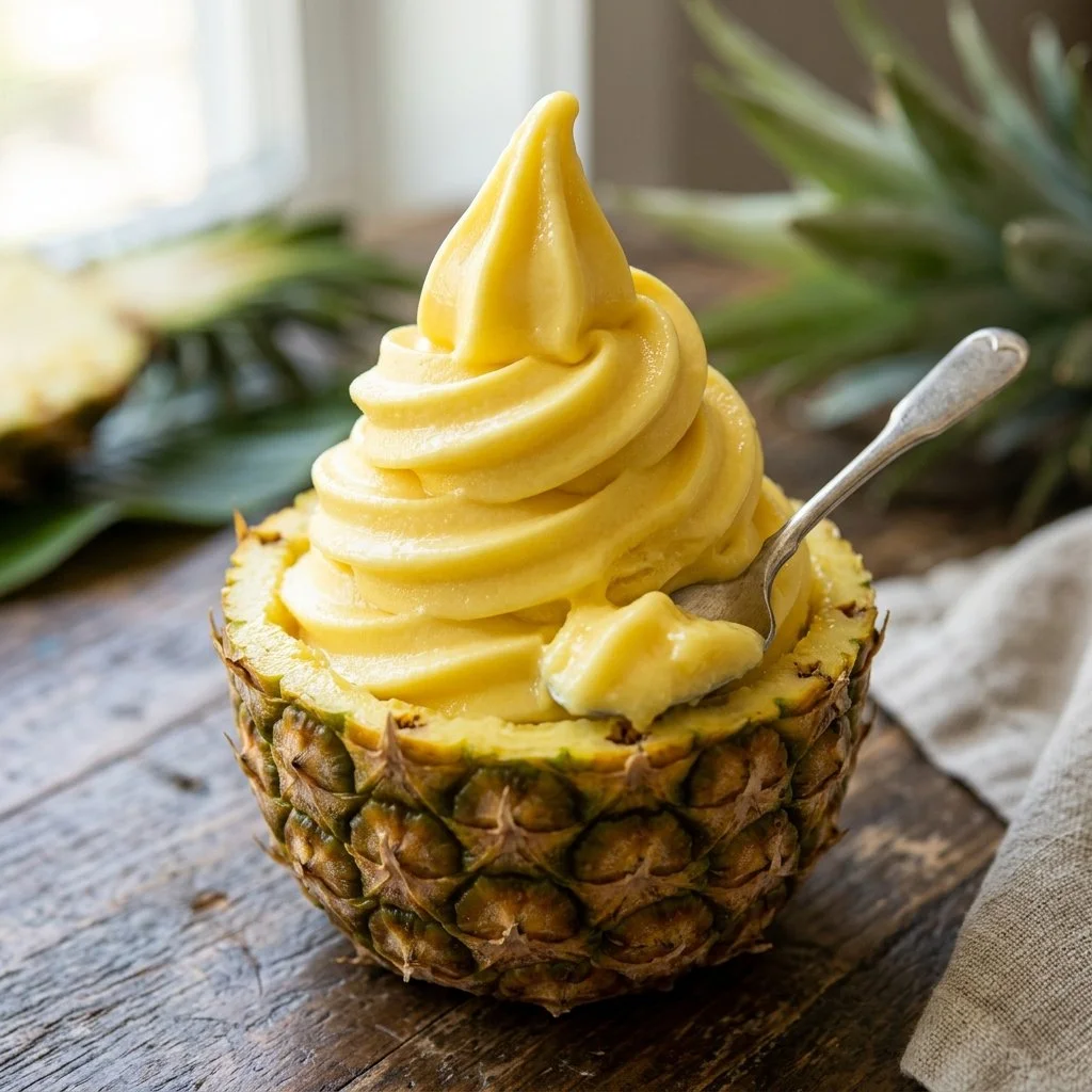 Homemade Dole Whip served in a bowl with tropical fruits
