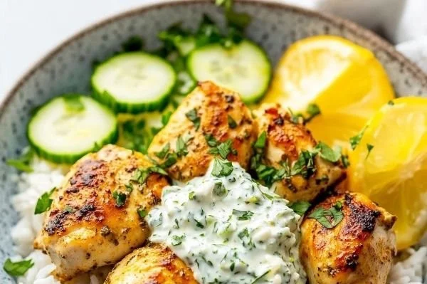 Dump-and-bake chicken tzatziki served with rice in a comforting dish.