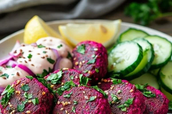 Deliciously vibrant beet falafel served with fresh greens and dipping sauce.