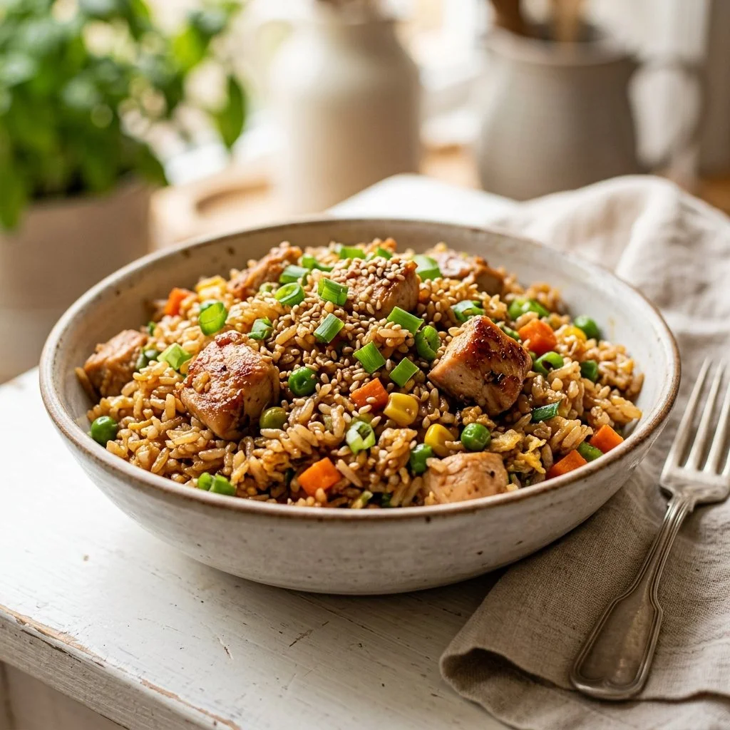Easy chicken fried rice recipe with colorful vegetables and tender chicken