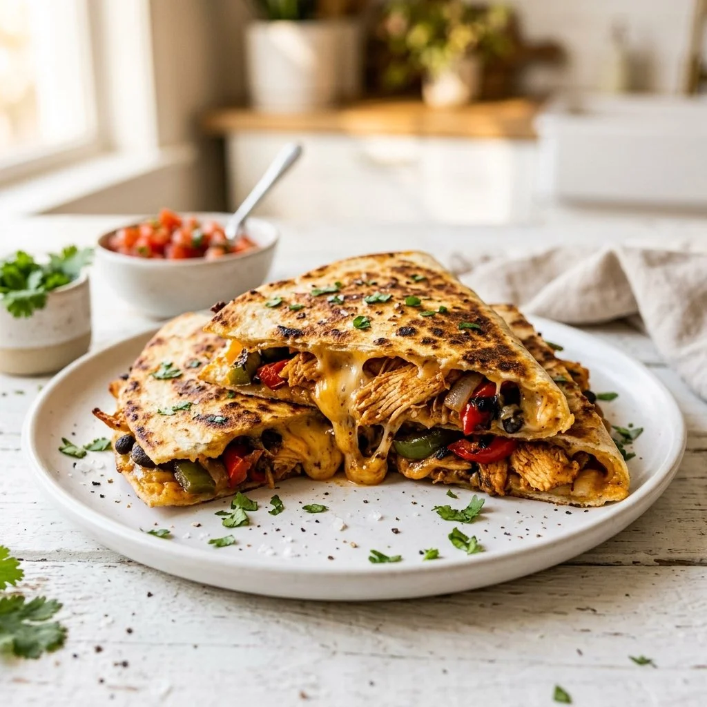 Easy chicken quesadillas served on a plate with toppings
