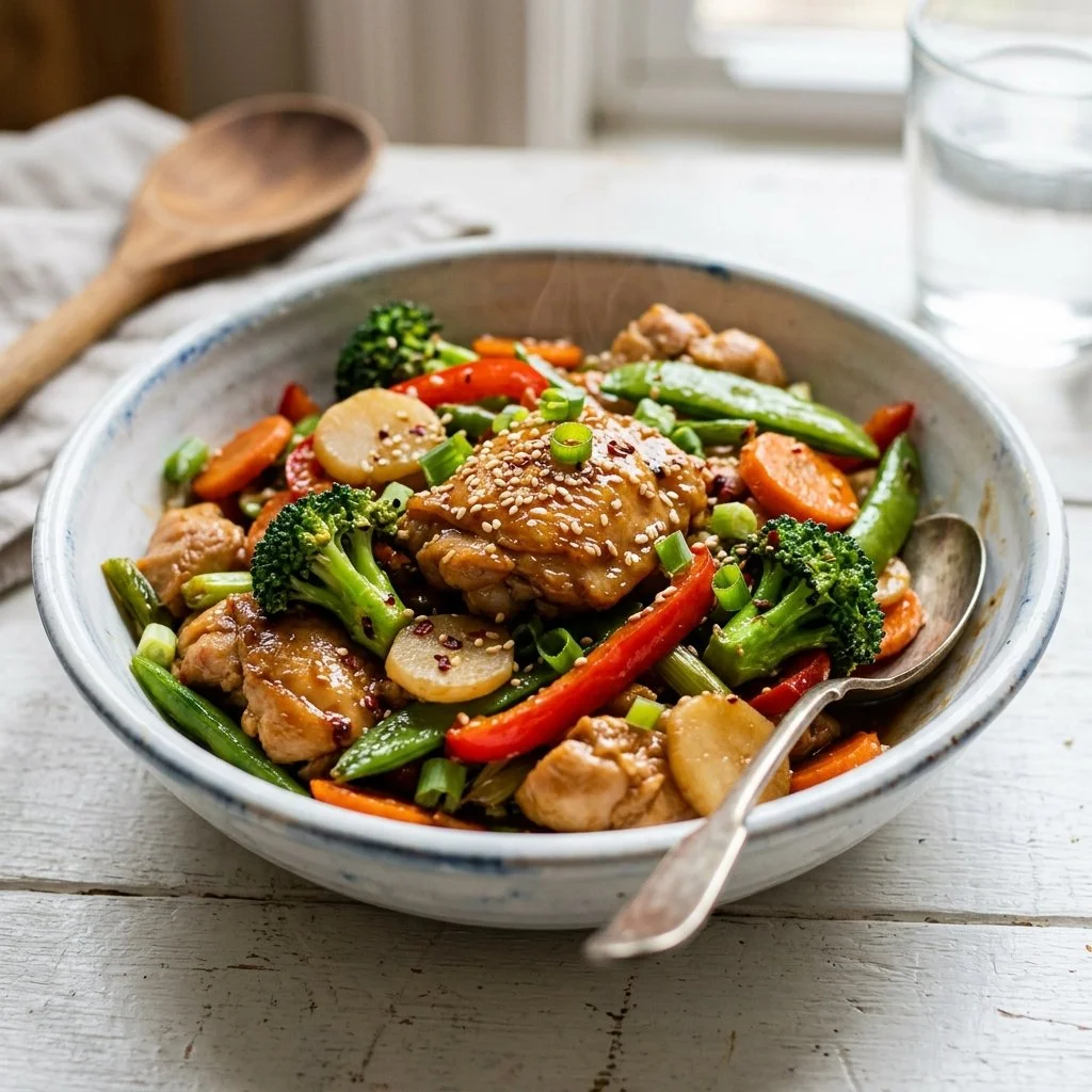 Simple and tasty chicken stir-fry recipe with colorful vegetables