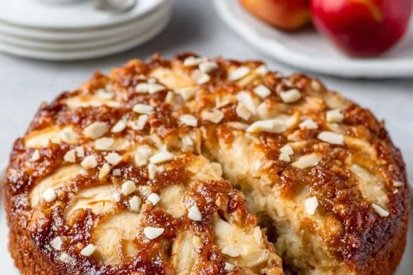 Delicious slice of easy French Apple Cake with fresh apples and spices
