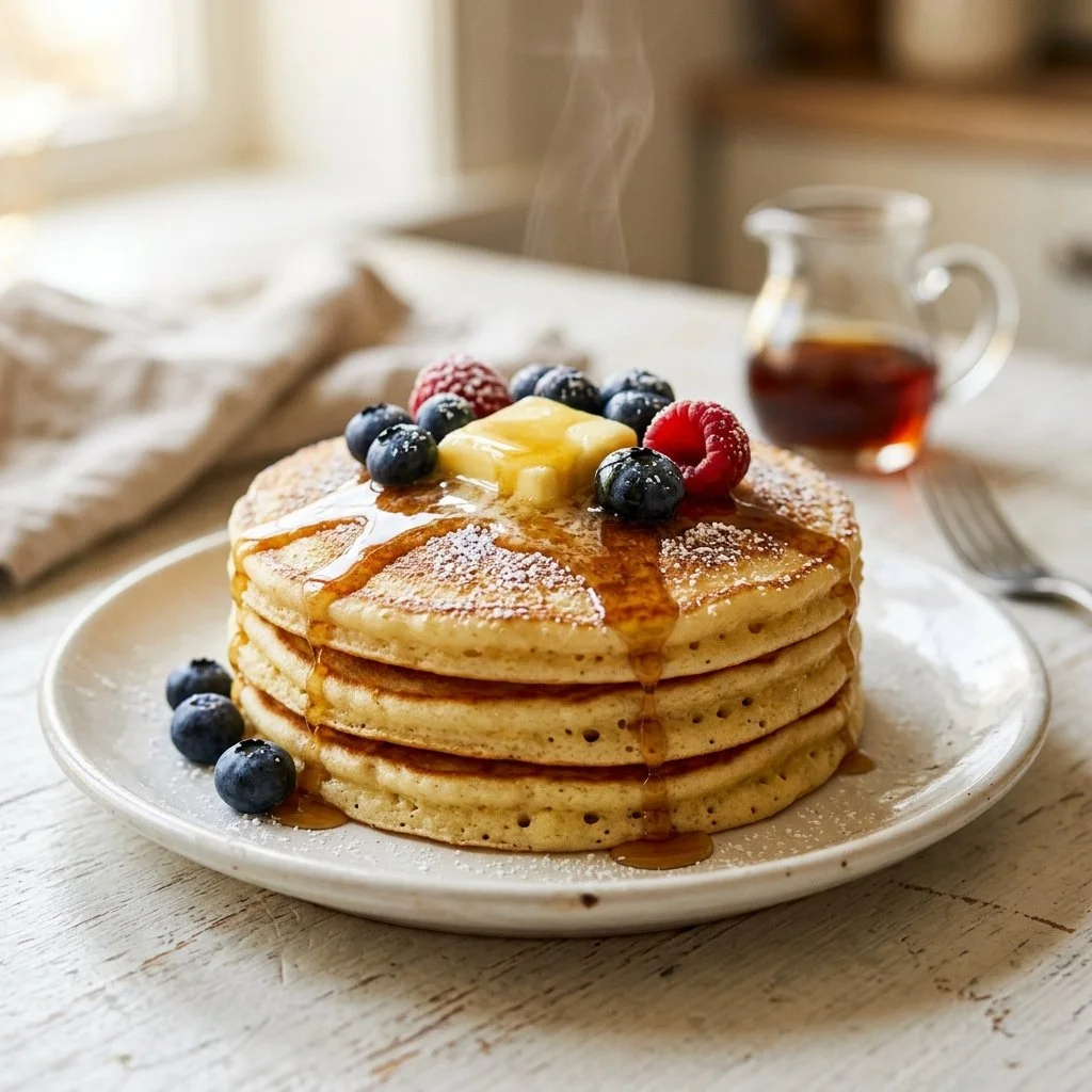Stack of fluffy homemade pancakes served with syrup and berries